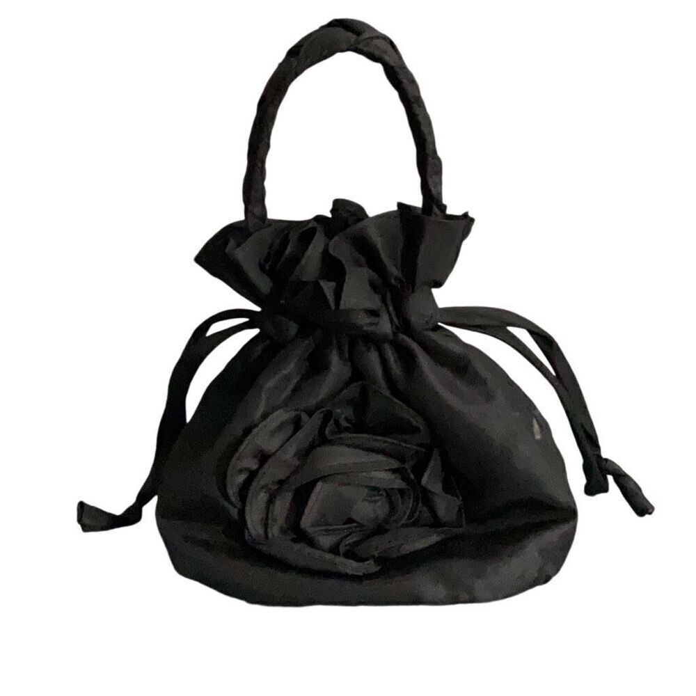VTG Black Satchel Brown Quilted Inner Flat Bottom Drawstring Braided Handle Flaw